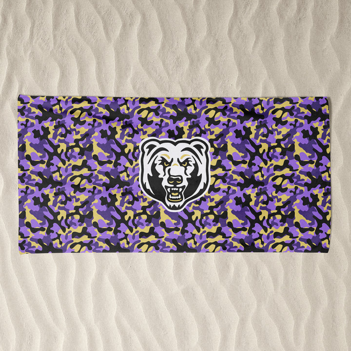 BEACH TOWEL : CAMO W. BLACK & GOLD BEAR HEAD