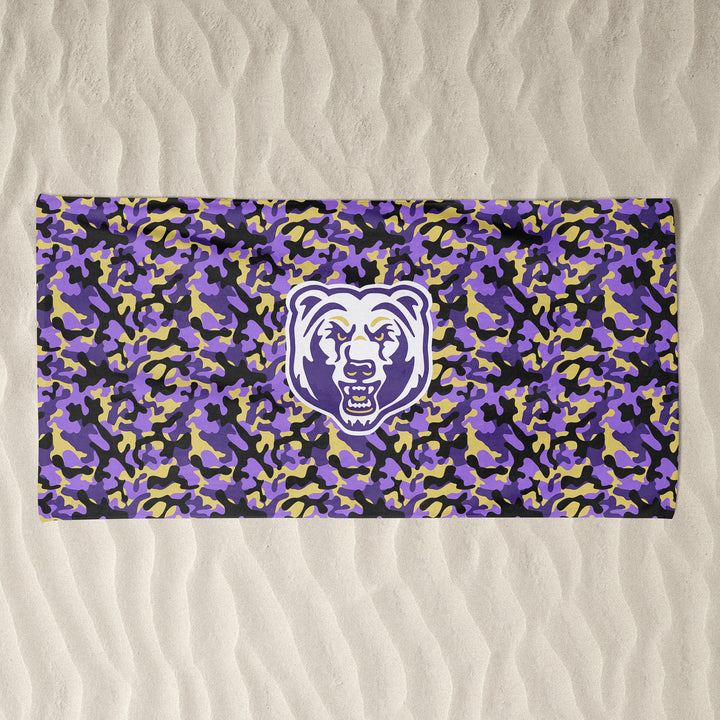 BEACH TOWEL : CAMO W. PURPLE & GOLD BEAR HEAD