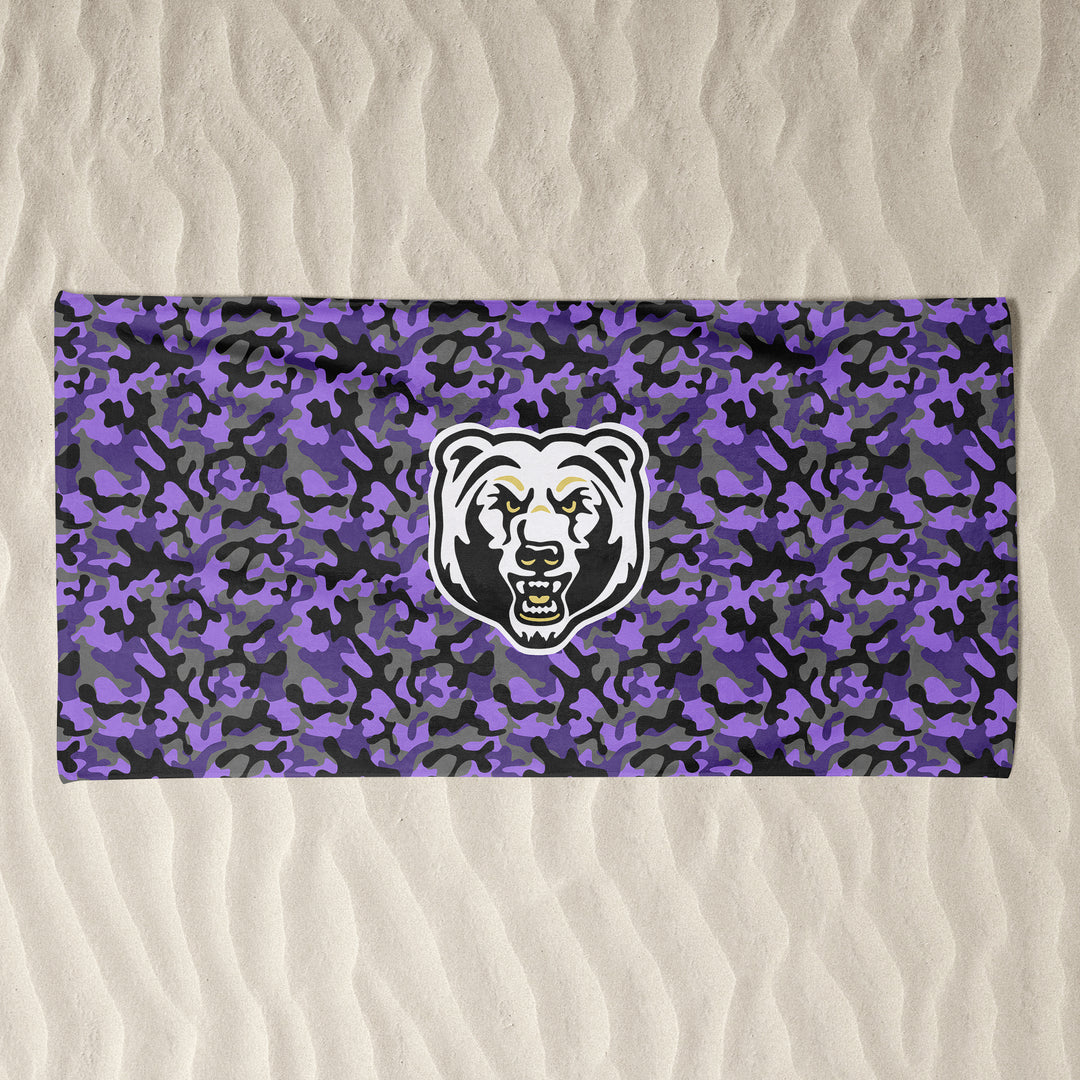 BEACH TOWEL : CAMO W. BLACK & GOLD BEAR HEAD