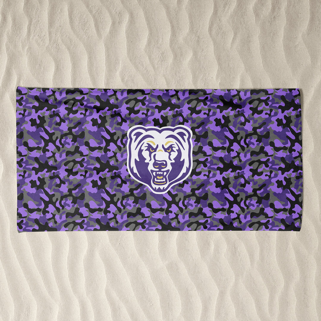 BEACH TOWEL : CAMO W. PURPLE & GOLD BEAR HEAD