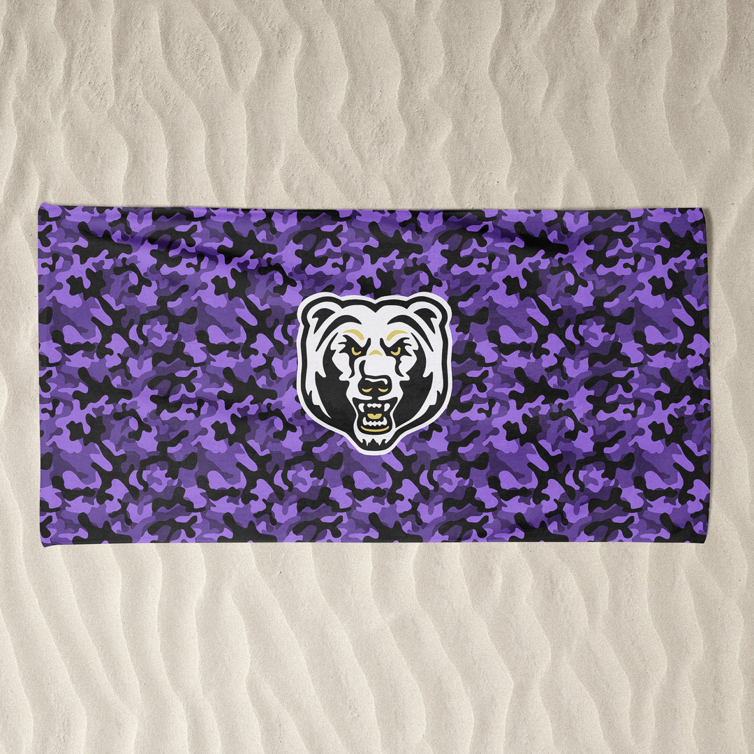 BEACH TOWEL : CAMO W. BLACK & GOLD BEAR HEAD