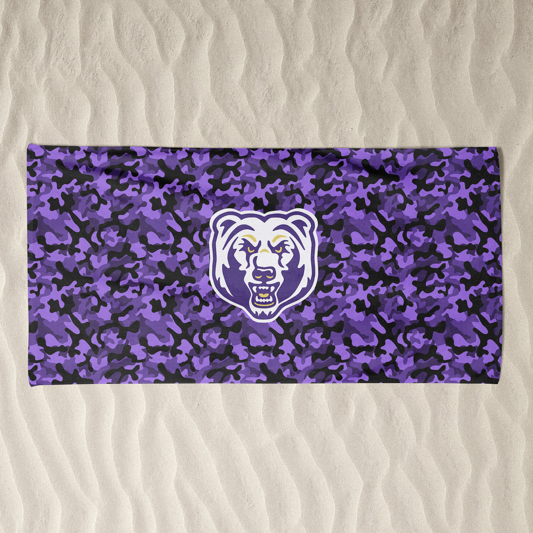 BEACH TOWEL : CAMO W. PURPLE & GOLD BEAR HEAD