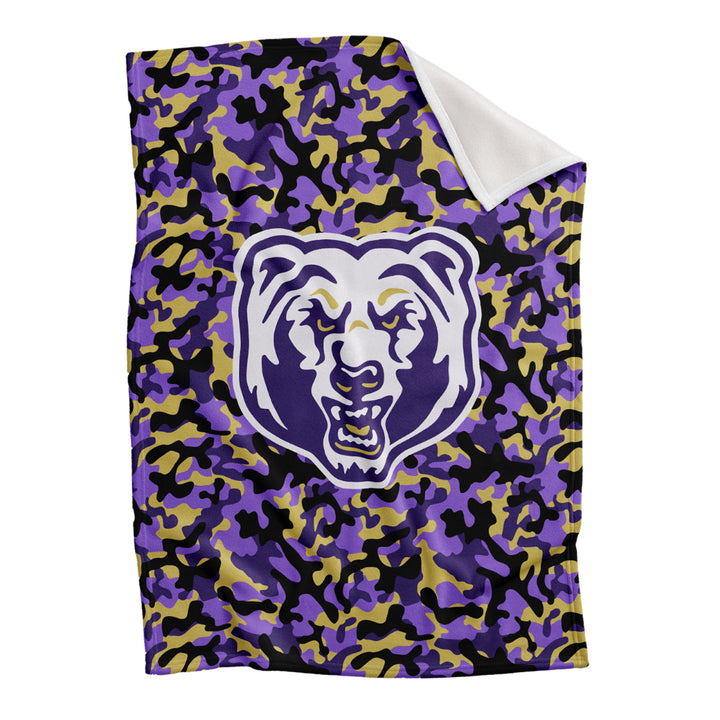 BLANKETS : CAMO W. PURPLE & GOLD BEAR HEAD