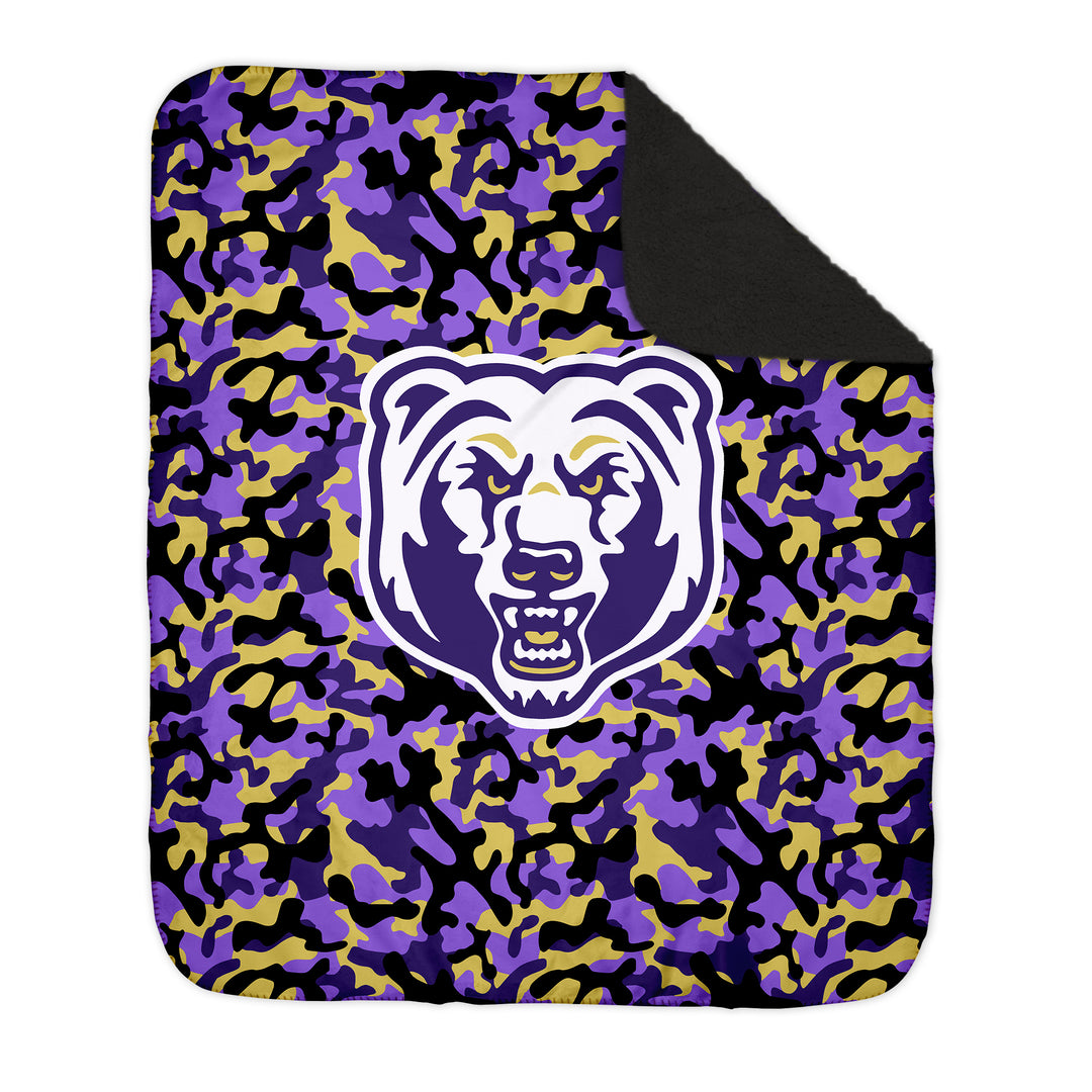 BLANKETS : CAMO W. PURPLE & GOLD BEAR HEAD