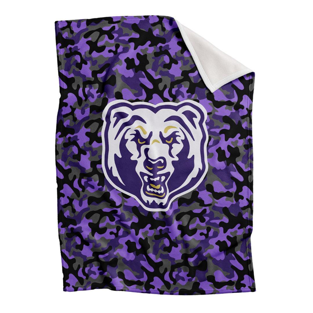 BLANKETS : CAMO W. PURPLE & GOLD BEAR HEAD