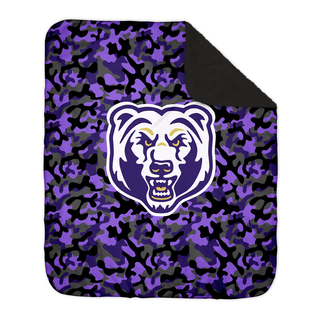 BLANKETS : CAMO W. PURPLE & GOLD BEAR HEAD